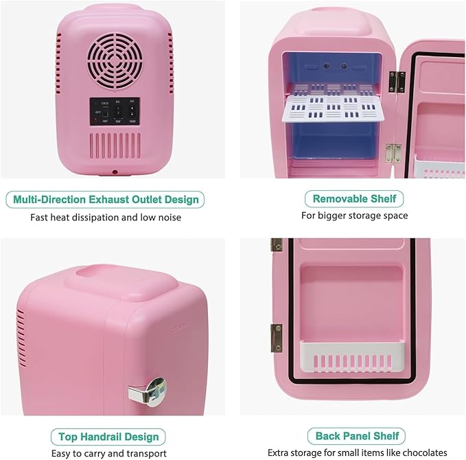 CROWNFUL Mini Fridge, 4 Liter/6 Can Portable Cooler and Warmer Personal Refrigerator for Skin Care, Cosmetics, Beverage, Food,Great for Bedroom, Office, Car, Dorm, ETL Listed (Pink)