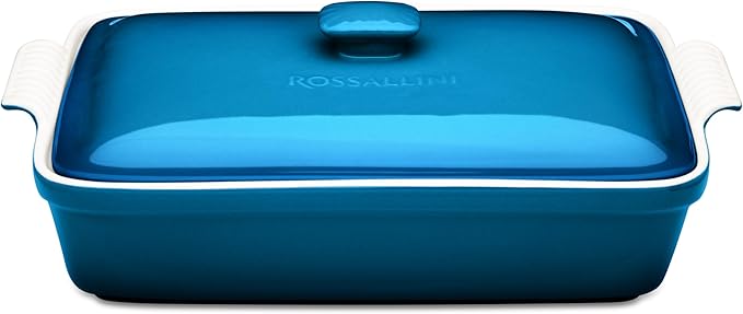 ROSSALLINI Stoneware Casserole Dish Bakeware Set with Lid, Covered Rectangular Dinnerware, Extra Large 4.23 Quart, 13 by 9 Inch, Ocean Blue