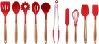 10-Piece Silicone Kitchen Utensils Set with Acacia Wood Handles, Nonstick Safe, Heat Resistant Cooking Tools for Everyday Use (RED)