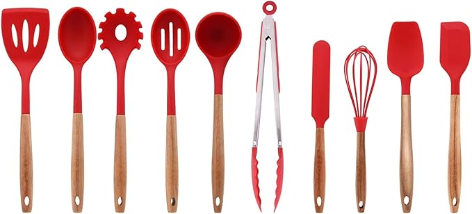 10-Piece Silicone Kitchen Utensils Set with Acacia Wood Handles, Nonstick Safe, Heat Resistant Cooking Tools for Everyday Use (RED)