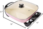 12'' Ceramic Nonstick Electric Skillet with Tempered Vented Glass Lid, Scratch-Resistant Surface, Cool-Touch Handles, Removable Easy-to-Clean, 120V 1200W 60Hz, Pink