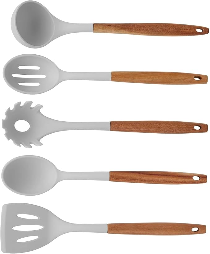 10-Piece Silicone Kitchen Utensils Set with Acacia Wood Handles, Nonstick Safe, Heat Resistant Cooking Tools for Everyday Use (Gray)