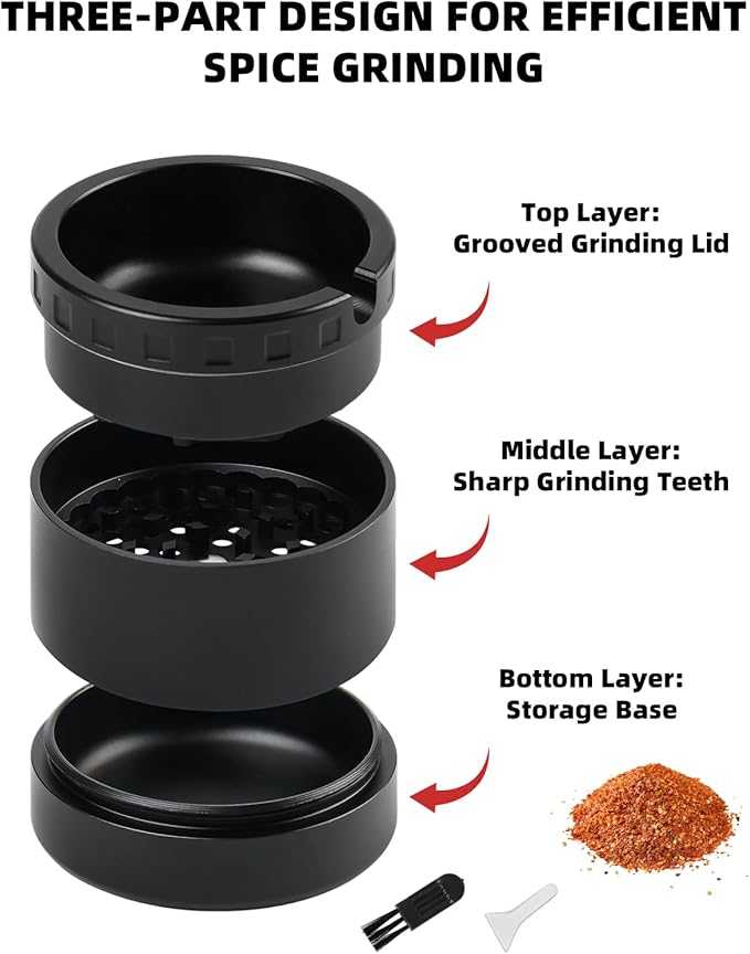 2.5" Grinder [Aluminum] 3-Piece 3-Parts Grinder for Kitchen Spice with Top Storage, Anti-jamming Teeth & Large Bottom Chamber