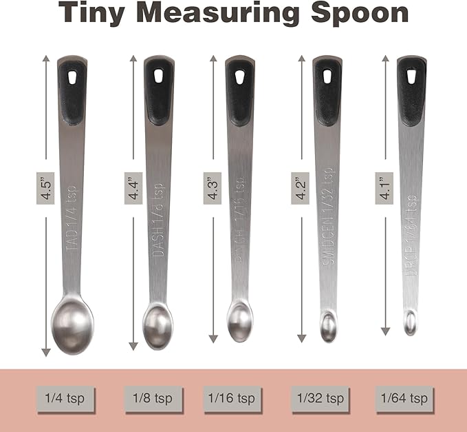 Mini Measuring Spoons Set, Tiny Stainless Steel Measure Teaspoons with Black Silicone Handle, Suitable for Small Amount of Dry or Liquid Ingredients and Spices (1/64, 1/32, 1/16, 1/8, 1/4 tsp)