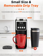 Horavie Single Serve Coffee Maker with Built-in Grinder, Fast Brew 6-16oz Single Cup for Whole Beans, Grounds, K Pod, Grind and Brew Coffee Maker with 47oz Water Tank, Descaling Alert, Black