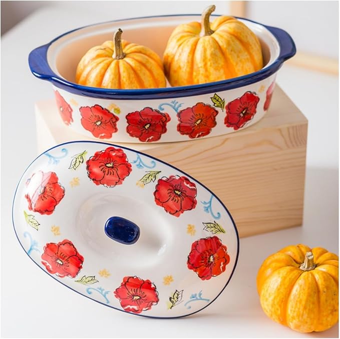 Floral Ceramic Casserole Dish with Lid – 40oz Oval Baking Dish, Oven-Safe Stoneware for Lasagna, Roasting, Serving – Elegant Floral Design, Microwave & Dishwasher Safe – Perfect for 1-2 Person