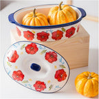 Floral Ceramic Casserole Dish with Lid – 40oz Oval Baking Dish, Oven-Safe Stoneware for Lasagna, Roasting, Serving – Elegant Floral Design, Microwave & Dishwasher Safe – Perfect for 1-2 Person