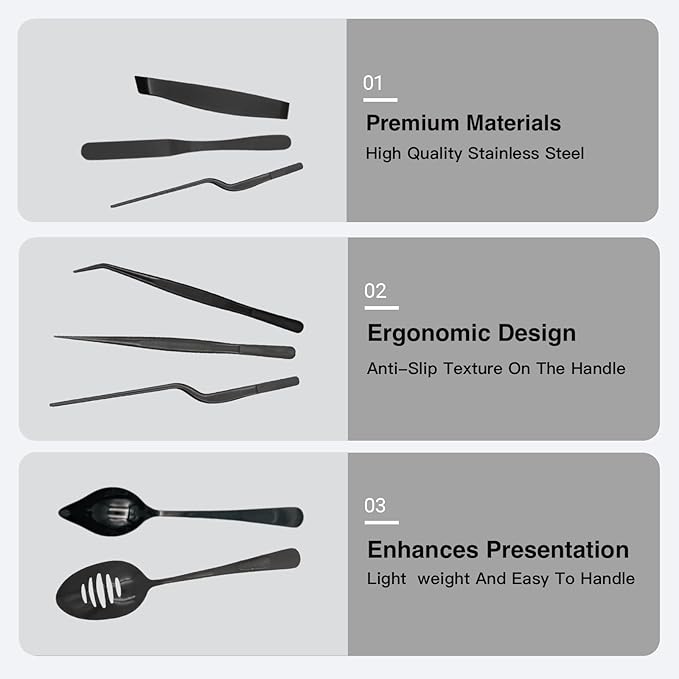 Professional Chef Tools | Plating Tools Culinary Set | Piece Culinary Tool Set | Premium Stainless Steel Chef's Plating Tool Set | Kitchen Tweezers & Fish Tongs & Spatula & Slotted Spoon (Black) (8)
