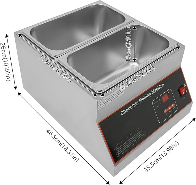 Chocolate Melting Pot, 500W 12kg/26.5lbs Electric Chocolate Tempering Machine, Stainless Steel Commercial Chocolate Melter Food Warmer for Catering Restaurant, 2 Tanks, 32-203°F
