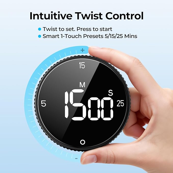 Digital Kitchen Timer, Large Display Magnetic Countdown Countup Timer, 3 Preset Times (5, 15, 25),Volume & Brightness Adjustable for Cooking Classroom Studying, Easy for Kids (Black,2Pcs)
