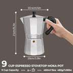 Aluminum 9 Cup 450ml Moka Pot Express Coffee Maker Stovetop Espresso Percolator Coffeemaker Italian Classic Style Brewing Greca Cafe Mocha Machine for Cafeteras Lover Camping Travel and Home Use 15oz