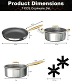 FogDream Stainless Steel Cookware, Tri Ply Pots And Pans Set, Non Stick Frying Pans, Soup Pot & Sauce Pan With Tempered Glass Lids, Cool Handles, Dishwasher Safe, Induction Compatible, Gold