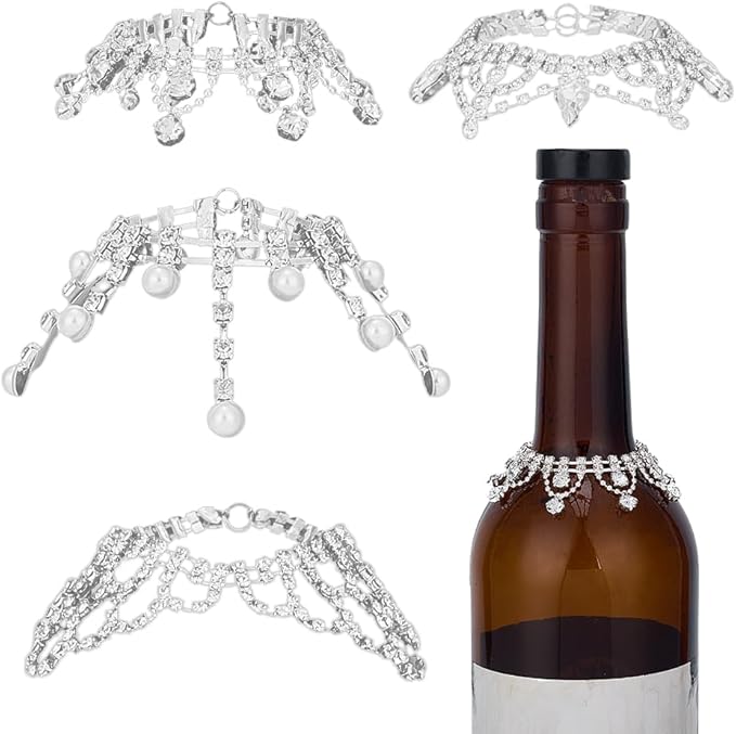 OLYCRAFT 4Pcs 4 Styles Rhinestone Wine Bottle Decoration Wine Bottle Cover Long Fringe 4.7 Inch Jewel Tassel Wines Bottles Veil Rhinestone Tassel Wines Bottles Pendant for Party Wedding Decor
