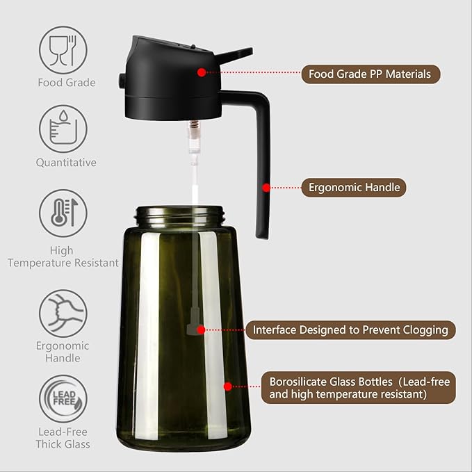 SWEET VIEW 2PCS Olive Oil Dispenser and Oil Sprayer – 16oz/470ml Glass Light-Proof Oil Pourer for Kitchen Air Fryer, Cooking, Salad, and BBQ, with Stickers