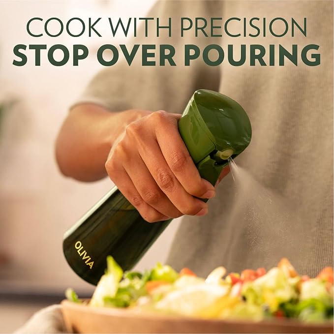 FLAIROSOL OLIVIA SIGNATURE Advanced Kitchen Oil Sprayer Technology, Fine Mist & Portion Control, Refillable Glass Olive Oil Cooking Spray Bottle for Air Fryer, Salad, BBQ, 200ml (Green, Gold)
