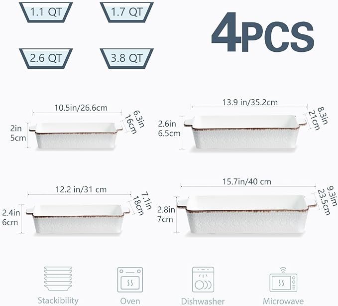 ONEMORE Casserole Dishes for Oven, Ceramic Baking Dish Set of 4, Non-Stick Lasagna Pans with Handles, Rectangular Bakeware Set for Cake, Roasting, Broiling, Gratin, Banquet, Microwave & Dishwasher Safe(3.8/2.6/1.7/1.1 Qt) (White 01)