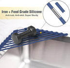 Tomorotec Compact Silicone-Coated Triangle Dish Drying Rack for Sink Corner - Foldable Stainless Steel Over-The-Sink Organizer and Storage Shelf (Dark Blue)