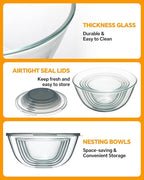 Glass Mixing Bowls with Lids Set of 5(4.78QT,2.2QT,1.7QT,1.1QT,0.85QT),Thick Glass Nesting Bowls for Kitchen Baking,Cooking Prep,Storage,Serving,Large Salad Bowls,Dishwasher Microwave Freezer Safe
