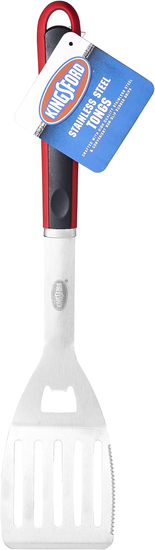 Kingsford Stainless Steel BBQ Grill Spatula, Wide Metal Blade for Confident Flips, Beveled Edge for Easy Slide Under Burgers and Fish, Comfortable Red and Black Grip, Hanging Loop