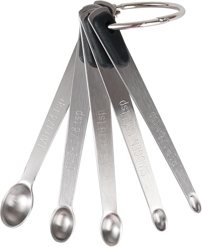 Mini Measuring Spoons Set, Tiny Stainless Steel Measure Teaspoons with Black Silicone Handle, Suitable for Small Amount of Dry or Liquid Ingredients and Spices (1/64, 1/32, 1/16, 1/8, 1/4 tsp)