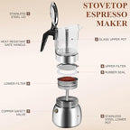 Moka Pot Stovetop Espresso Maker, Crystal Glass-Top & 304 Stainless Steel Italian Coffee Brewer, 300ml 6-Cup Espresso Pot for Home & Camping, Silver