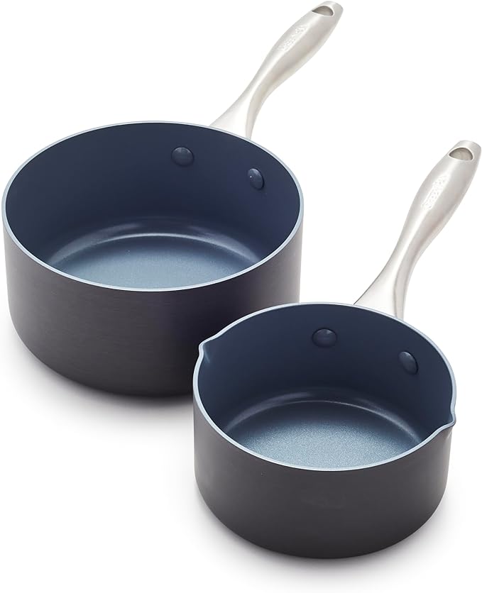 GreenPan Lima Hard Anodized Healthy Ceramic Nonstick 1QT and 2QT Saucepan Pot Set, PFAS-Free, Oven Safe, Gray