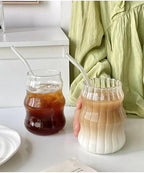 Mixed Drinkware Sets Glass Cups Set of 2 with Glass Straw, 18 Oz Drinking Glassware, Wave Shape Design, Bubble Cups for Iced Coffee, Juice, Beverage, Milk, Cocktails, Tea, Gift for Women Men