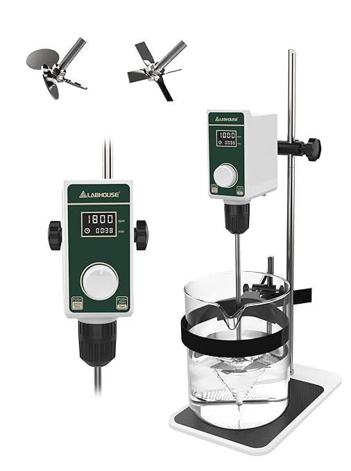 OS-15S Digital Overhead Stirrer 20L(H₂O) Lab Stirrer Flat-Base Stainless Steel Stand & 2 Stirring Paddles & Beaker Holder | 100-1500RPM,20000 mPas,Timing 1min-24h