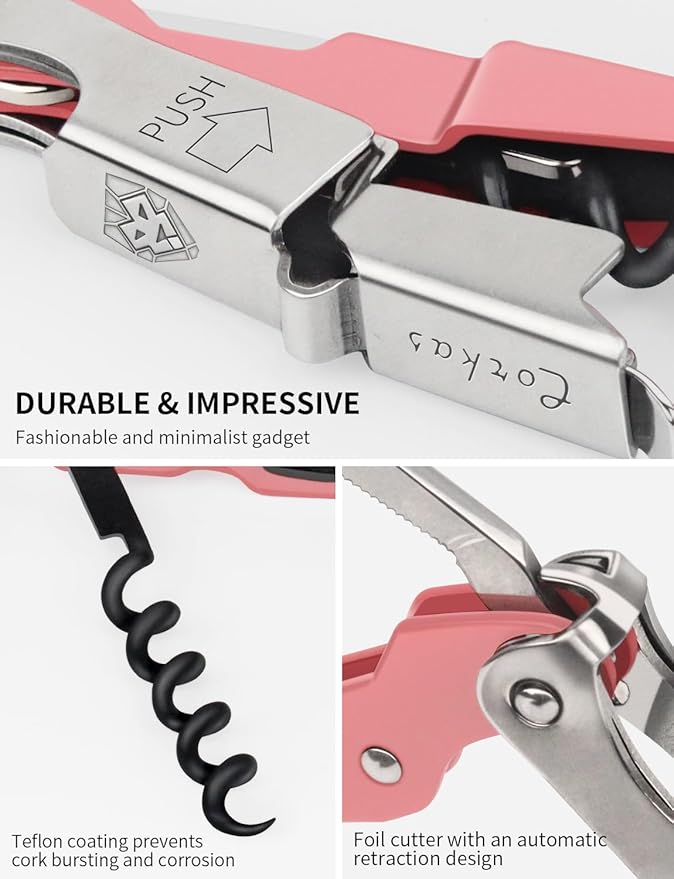 CORKAS Wine Key - Professional Handcrafted Heavy Duty Waiter Corkscrew, Compact Wine Opener with Double Hinged, Foil Cutter and Bottle Opener, Gifts for Severs, Sommelier, Bartenders (4Pack-Pink)