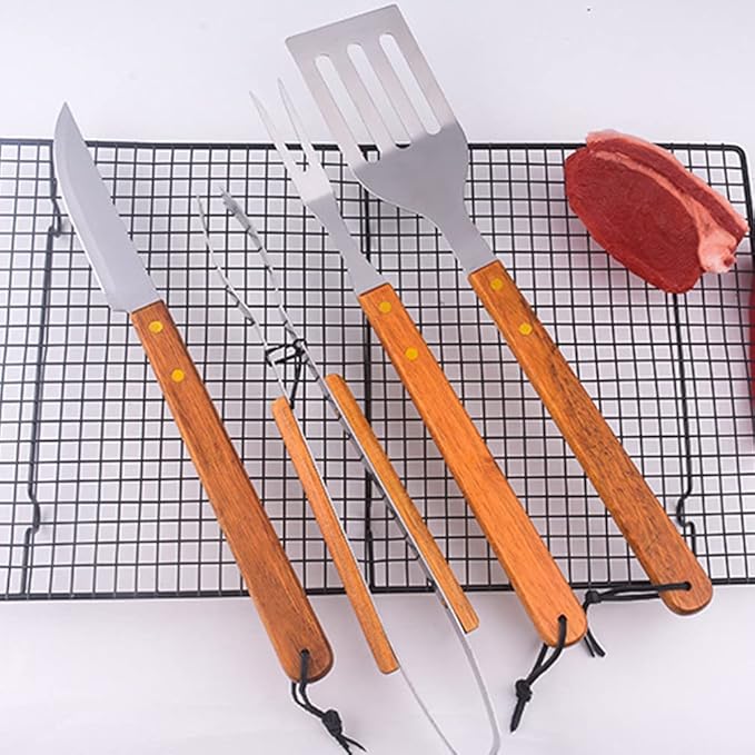 1set Barbecue Tools Wood Handles Portable Grilling Utensil for Outdoor Cooking Camping and BBQ Gatherings