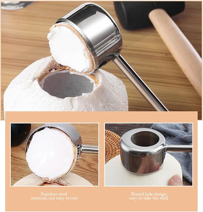 FOMIYES Coconuts Opener Set 2pcs Stainless Steel Coconut Shell Opening Tool with Mallet Hammer Kitchen Gadget for Home Cooking and Outdoor Use