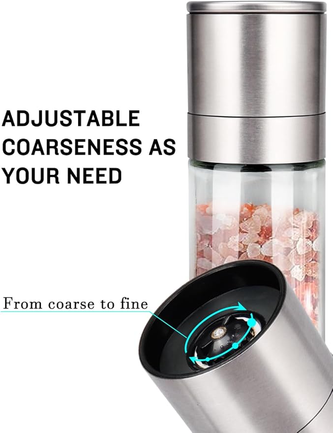 Gulex® Salt Grinder Pepper Mill, Refillable, Adjustable Coarseness Black Pepper Grinder, Stainless Steel Sea Salt Shaker with Ceramic Rotor(Seasoning not included)