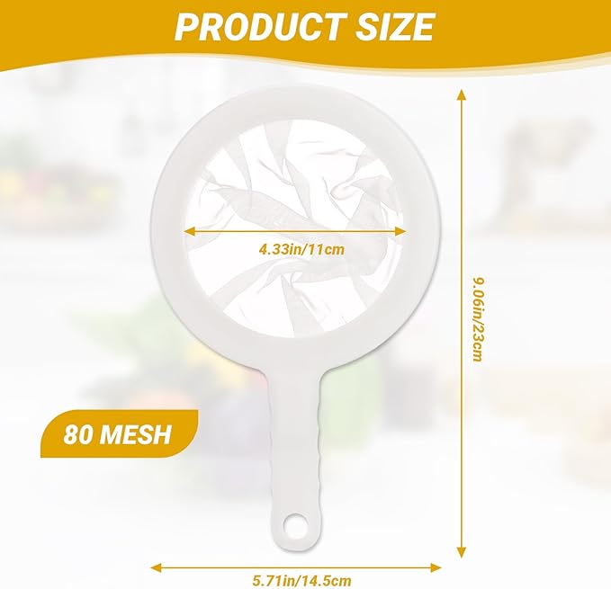 Fine Mesh Strainer with Handle, 80 Mesh, Plastic Juice Strainer after Juicing, Small Colander for Kitchen, Nylon Fine Sieve for Soy/Nut Milk, Yogurt, Coffee, Honey, Food, Tea Leaf Filter