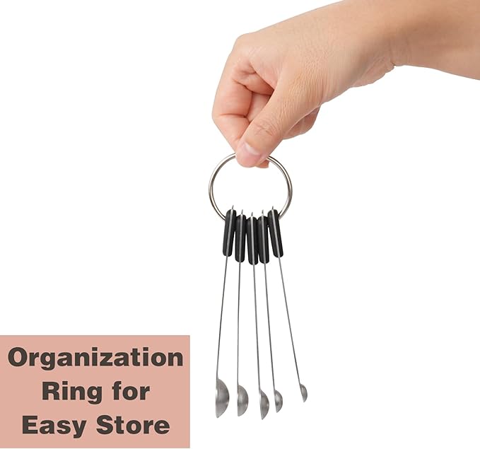 Mini Measuring Spoons Set, Tiny Stainless Steel Measure Teaspoons with Black Silicone Handle, Suitable for Small Amount of Dry or Liquid Ingredients and Spices (1/64, 1/32, 1/16, 1/8, 1/4 tsp)