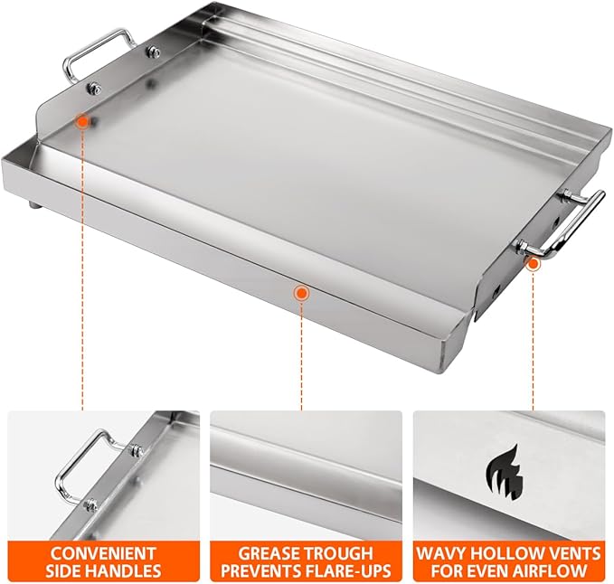 LotFun 17" x 13" Stainless Steel Cooking Griddle for Outdoor Gas Grill, Universal Griddle Flat Top Plate Insert with Grease Groove and Removable Handles for Electric/Charcoal/Gas Grill, Camping,Party