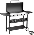 4 Burner Propane Griddle with Lid, 30 Inch Stainless Steel Portable Detachable Gas Griddle, 60,000 BTU Flat Top Grill with Side Shelves for Camping