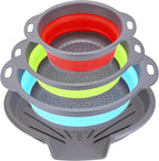 Collapsible Colander Set with Oversized Draining Tray | 3-Pack Foldable Kitchen Strainers + Base | Space Saving for Pasta, Veggies, Fruit & Rice | 5 Colors (Gray-Blue-Red-Green)