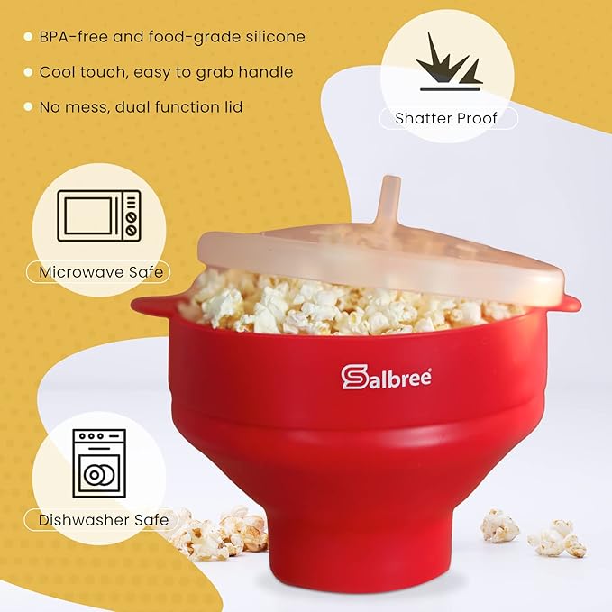 The Original Salbree Collapsible Silicone Microwave Popcorn Popper Maker Machine, Microwavable Bowl Holds 16 Cups, Uses Hot Air and Oil Always Optional - The Most Colors Available (Clear Turquoise)
