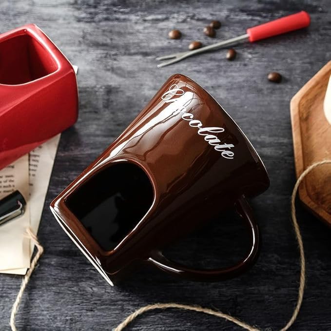 Chocolate Melting Mug With Candle, Ceramic Fondue Mug Meltie Cup, Melting Love Cup, Ideal Gifts For Christmas, Birthday, Wedding (Brown+Red)