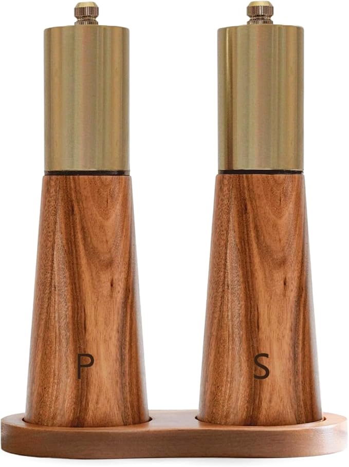 Salt and Pepper Grinder Set Gold Manual Pepper Grinder with Wooden Base, Adjustable Coarseness Refillable Ceramic Blade Grinding Enjoy Fresh Ground Pepper Salts with Spices, 2pcs-7in(7IN-Golden Wood)
