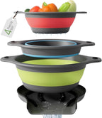 Gevoli Collapsible Colanders with Self-Draining Base for Edge of Sink, Food Strainers (Small/Med/Large), Nested Design for Easy Storage (Red, Blue, Green) (4PC Set)