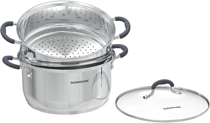 SUNHOUSE - 3.1 Quart Steamer Pots with Lid 2-Tier Multipurpose Stainless Steel Steaming Pot Cookware with Handle for Vegetable, Dumpling, Sauce, Food - Triple Bottom, Measurement Line
