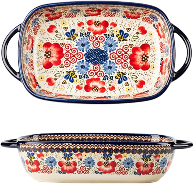 Vintage Flowers Style Ceramic Bakeware Casserole Dish Baking Pan Lasagna Pans Baking Dish with Handles for Oven/Cooking/Kitchen-1 PCS-Red Flowers-22 OZ