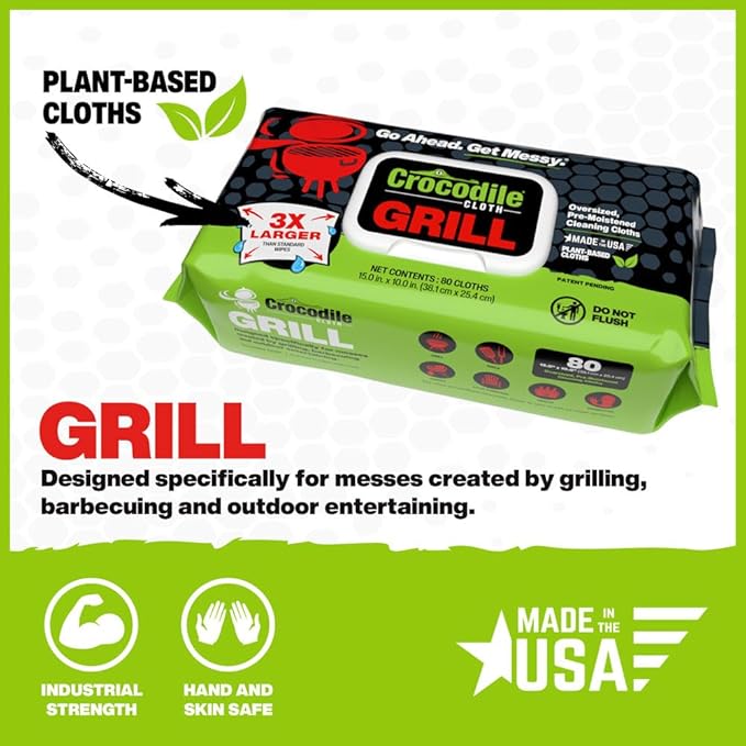 Crocodile Cloth Grill Wipes, 640 Count (8 Packs) – Extra-Large 15” x 10” Plant-Based Cleaning Cloths, Safe on Skin & Surfaces, Pre-Moistened with Aloe & Vitamin E