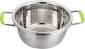 Stainless Steel Deep Colander Micro-perforated 2.5 Quart Metal Food Strainer with Green Silicone Handles for Draining Pasta Cleaning Food like Fruit