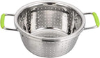 Stainless Steel Deep Colander Micro-perforated 2.5 Quart Metal Food Strainer with Green Silicone Handles for Draining Pasta Cleaning Food like Fruit