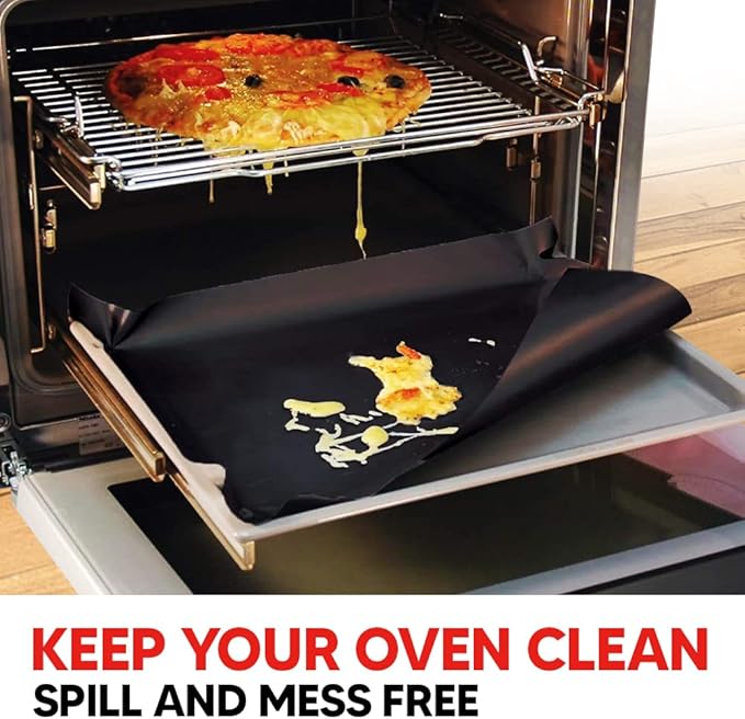 Oven Liners for Bottom of Oven Black (4-pack) Bundled with Range Rack Shield (4-pack) - Large Mat for Bottom of Range (17"x 25") and 14" Red Stove Guards for Racks - Reusable & Heat Resistant