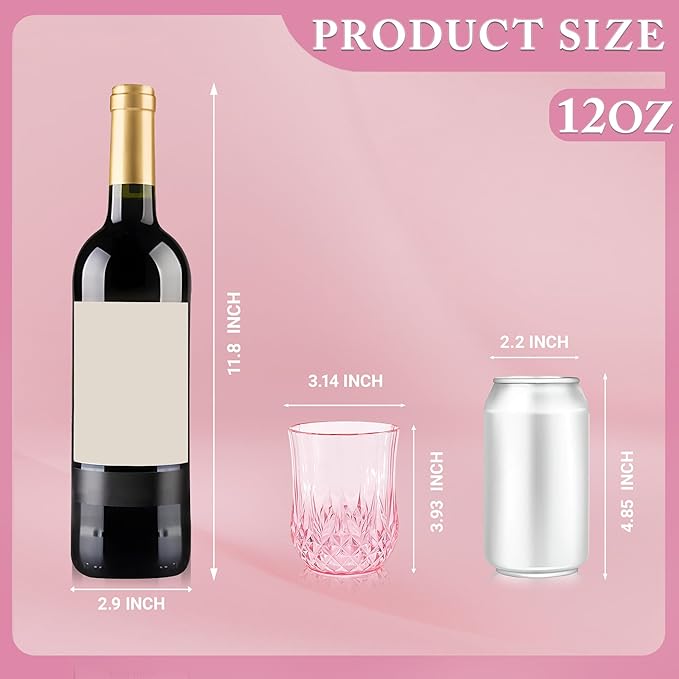 12 Pack Plastic Stemless Wine Glasses,12oz Unbreakable Vintage Elegant Drinking Glass Set,Reusable Fancy Cocktail Cups for Party, Wedding, and Bulk Events (12, 12oz-Pink)