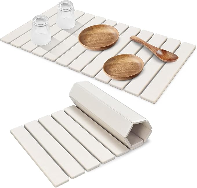 Extral Large Stone Dish Drying Mats for Kitchen Counter, 28"(L)×16"(W), Collapsible Quick Drying Dish Mats, Eco-Friendly Absorbent Diatomaceous Earth Mat for Dishes Cups Bottles, Match Any Countertop