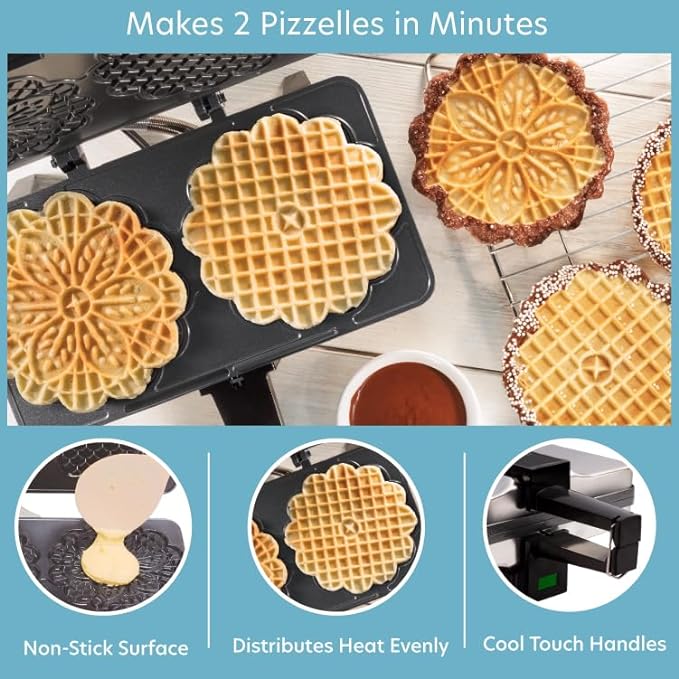Pizzelle Maker- Nonstick Electric Holiday Baker Press Makes Two 5-Inch Cookies at Once- Christmas Baking Supplies for Party- Italian Dessert Treat Making with Recipe Guide- Cookie Swap Gift for Her